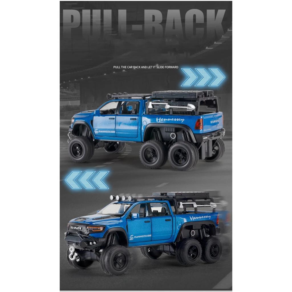 1/32 Dodge RAM 1500 TRX 6X6 Tyrannosaurus Rex Picku Alloy Car Model Sound and Light Children's Toy Collectibles Birthday Gift