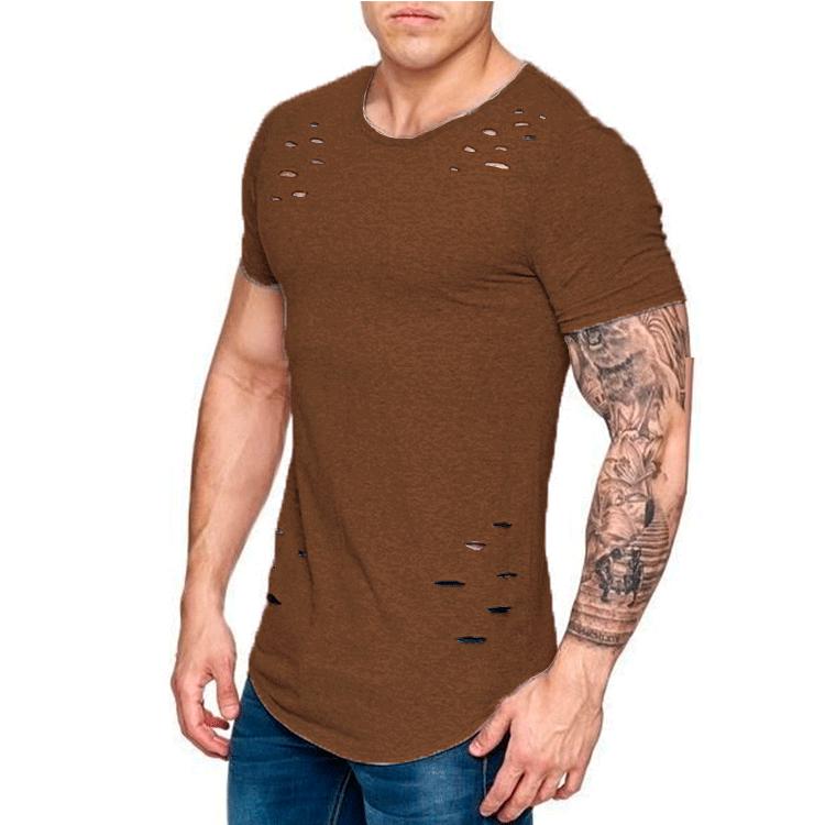 DC-HOME-3 Zomer T-shirt Heren Mode Gat Distressed Fitness T-shirt Korte Mouw Effen Slim Fit Hip Hop T-shirt Yasheng XL