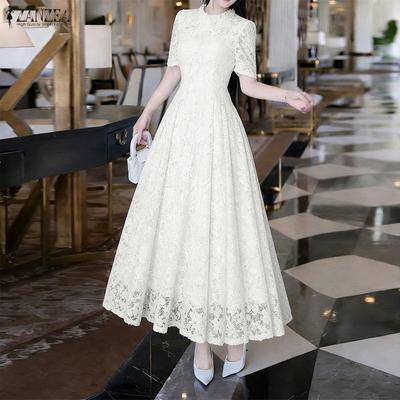 Women Casual Round Neck Summer Short Sleeve Patchwork Lace Long Dress