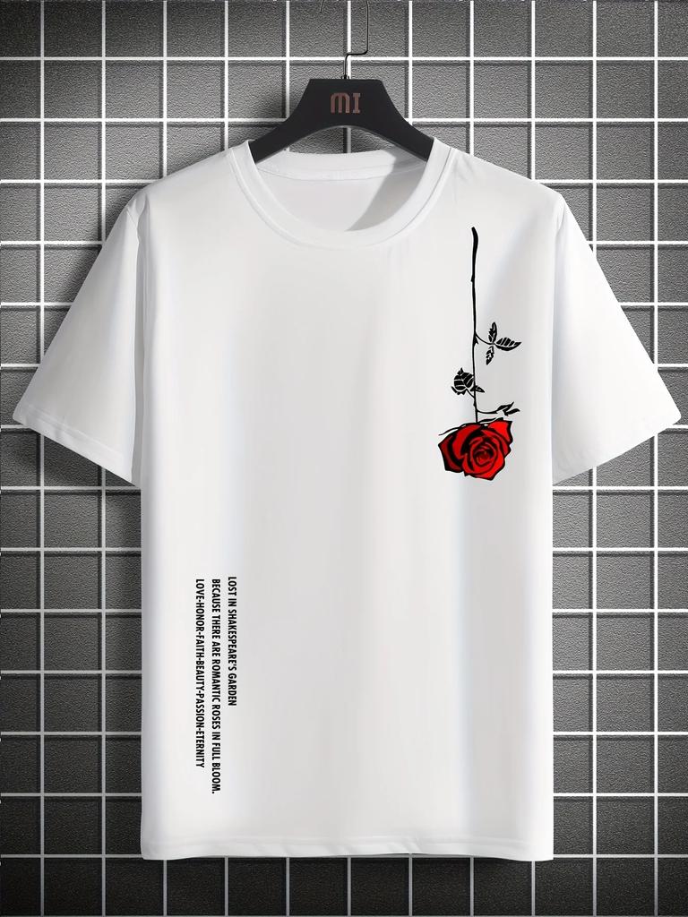 Summer new rose print men's T-shirt loose size 100% cotton rose print casual slim round neck short-sleeved T-shirt top