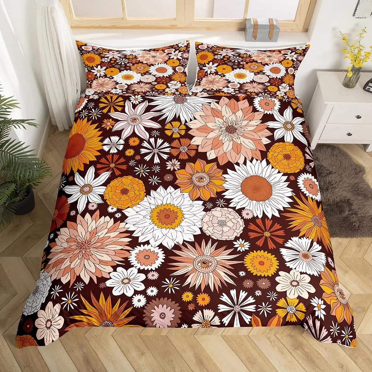 

Groovy Comforter Cover Queen Retro Hippie Flower Bedding Set Aesthetic Psychedelic Floral Duvet Cover Boho Botanical Quilt Cover US Full(200*230cm)3pcs