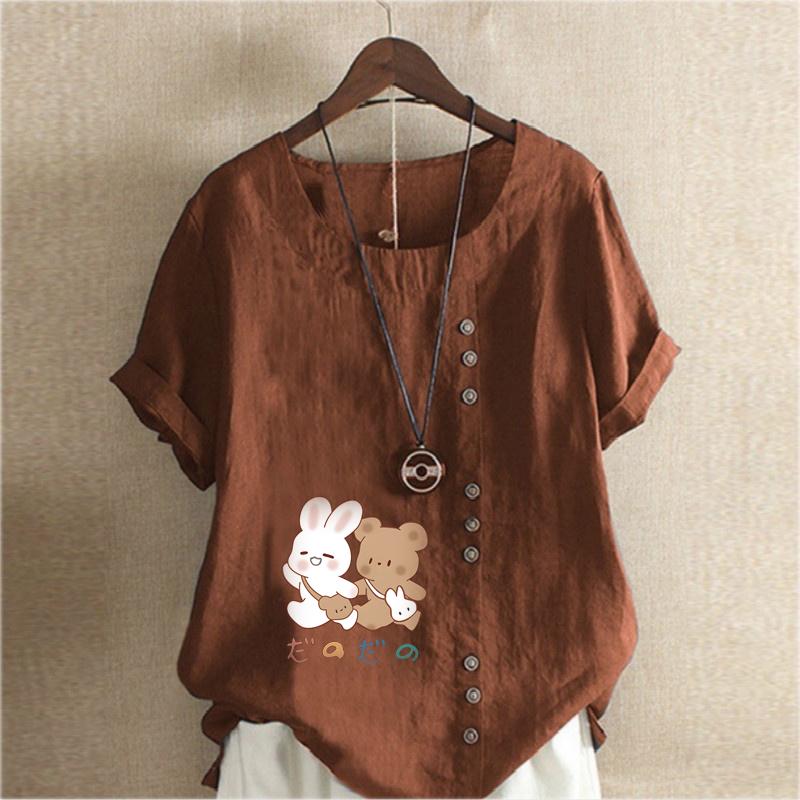 Women's New Fashion Linen Shirt Round Neck Short Sleeve Rabbit and Bear Printed T-shirt Summer Ladies Casual Plus Size Blouse Tops
