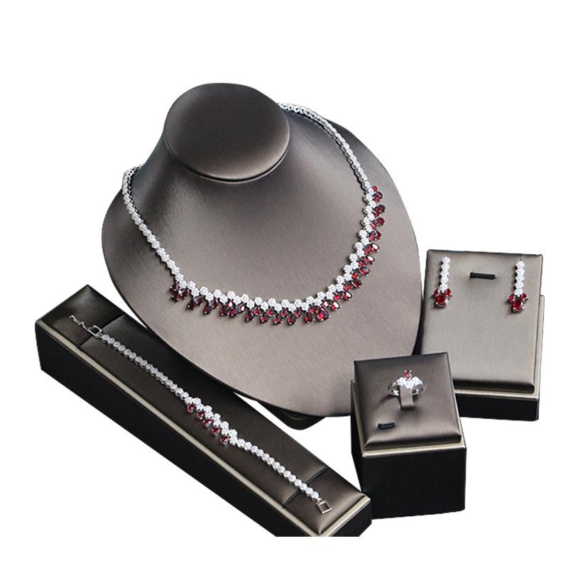 Korean Bridal Jewelry Set: Zircon Necklace, Earrings & Ring - Elegant Wedding Accessories
