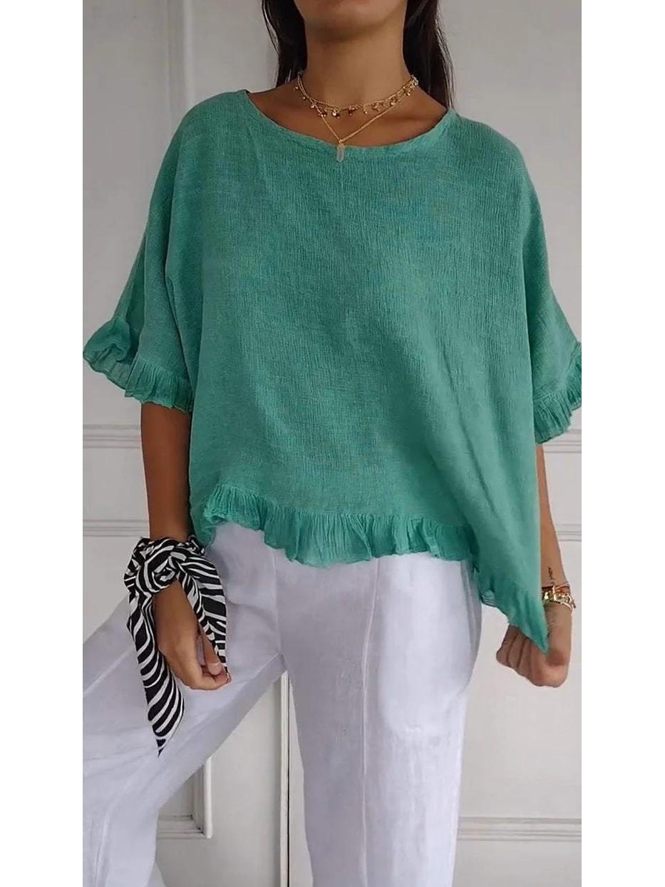 

Летняя женская футболка с коротким рукавом, однотонная, с рюшами, в стиле кэжуал - европейский и американский стиль 2X Large зелёный