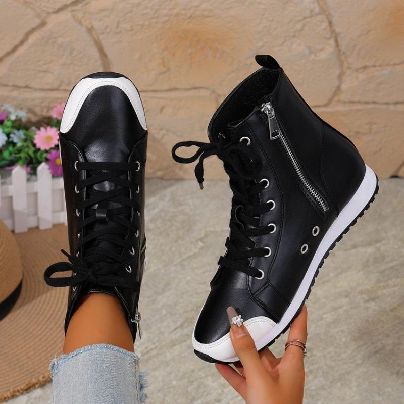 Spring Autumn Women's Short Boots Fashion Side Zipper Lace-Up High-Top Sneakers Soft Microfiber Leather Ankle Boots Women Shoes