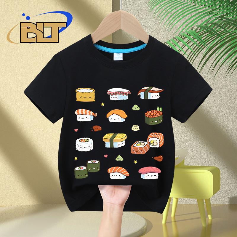 Kawaii Japanese Sushi printed kids Tshirt summer pure cotton shortsleeved casual tops for boys and girls