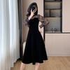 French Hepburn Style Black Velvet Dress Women's Autumn and Winter New Design Sense Temperament Waist Thin Inner Skirt