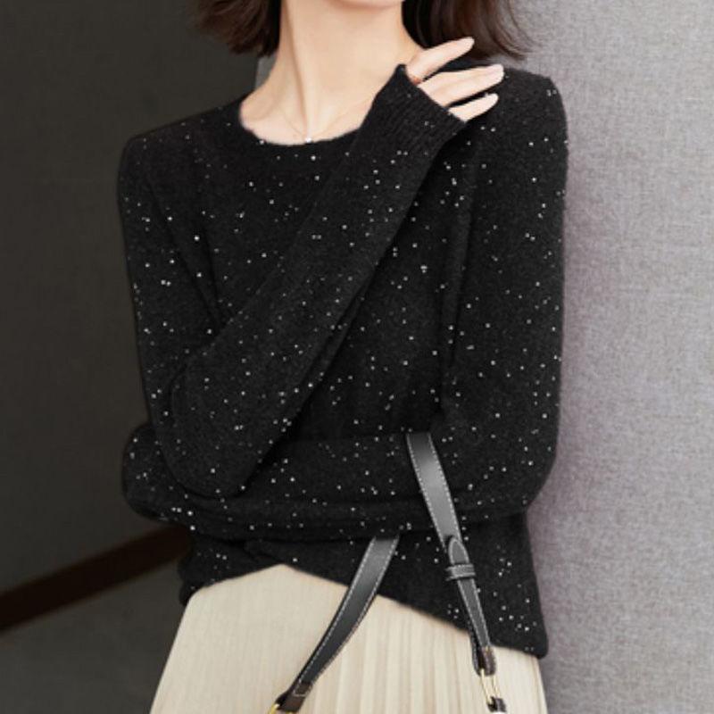 

Пуловер Трикотаж Расшитый Блестками Свободный Корейский Стиль Круглый Вырез Блестящий Базовый Свитер Женский Осень Зима 2XL