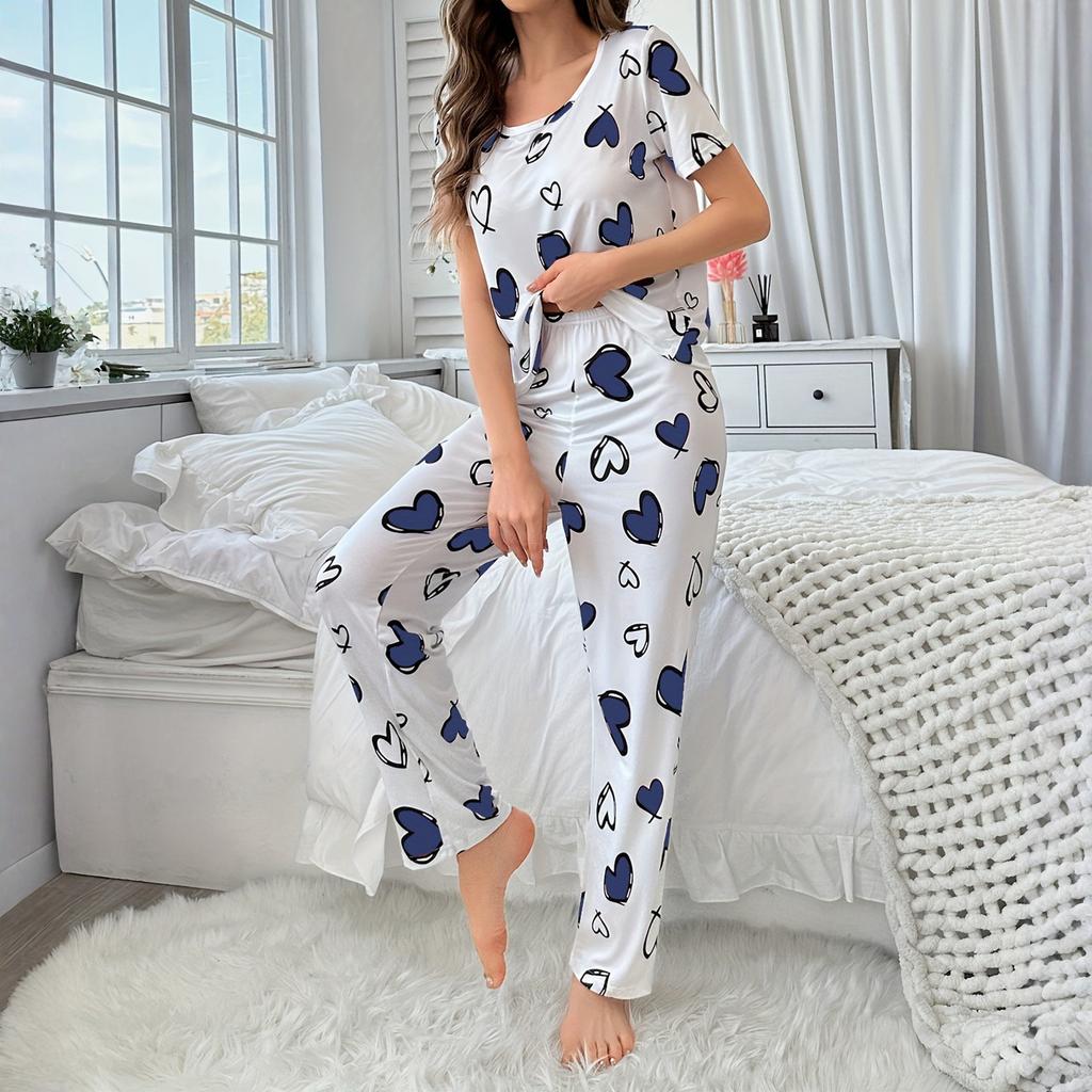 Women's Sleepwear, Short Sleeved Pants, Comfortable Heart Printed Casual Home Suit Set, Sleepwear Suitable For Women To Wear Outside