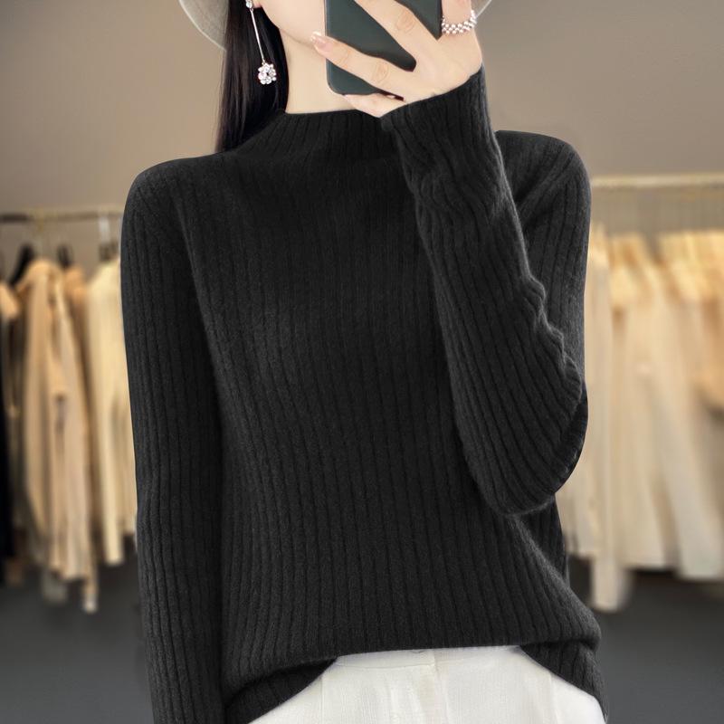 2024 Autumn/Winter Women's Pure Wool Half-High Collar Ribbed Sweater - Slim, Versatile, and Loose-Fitting Knit Top