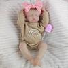 18Inch 46cm Simulated Doll Brown Knitted Rainbow Jumpsuit Pink Bow Headband Vinyl Rebirth Doll Bath Toy Limb Flexibility Doll with Feeding Accessories