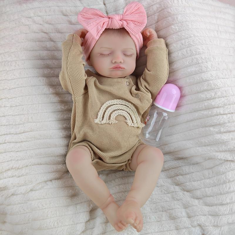 18Inch 46cm Simulated Doll Brown Knitted Rainbow Jumpsuit Pink Bow Headband Vinyl Rebirth Doll Bath Toy Limb Flexibility Doll with Feeding Accessories