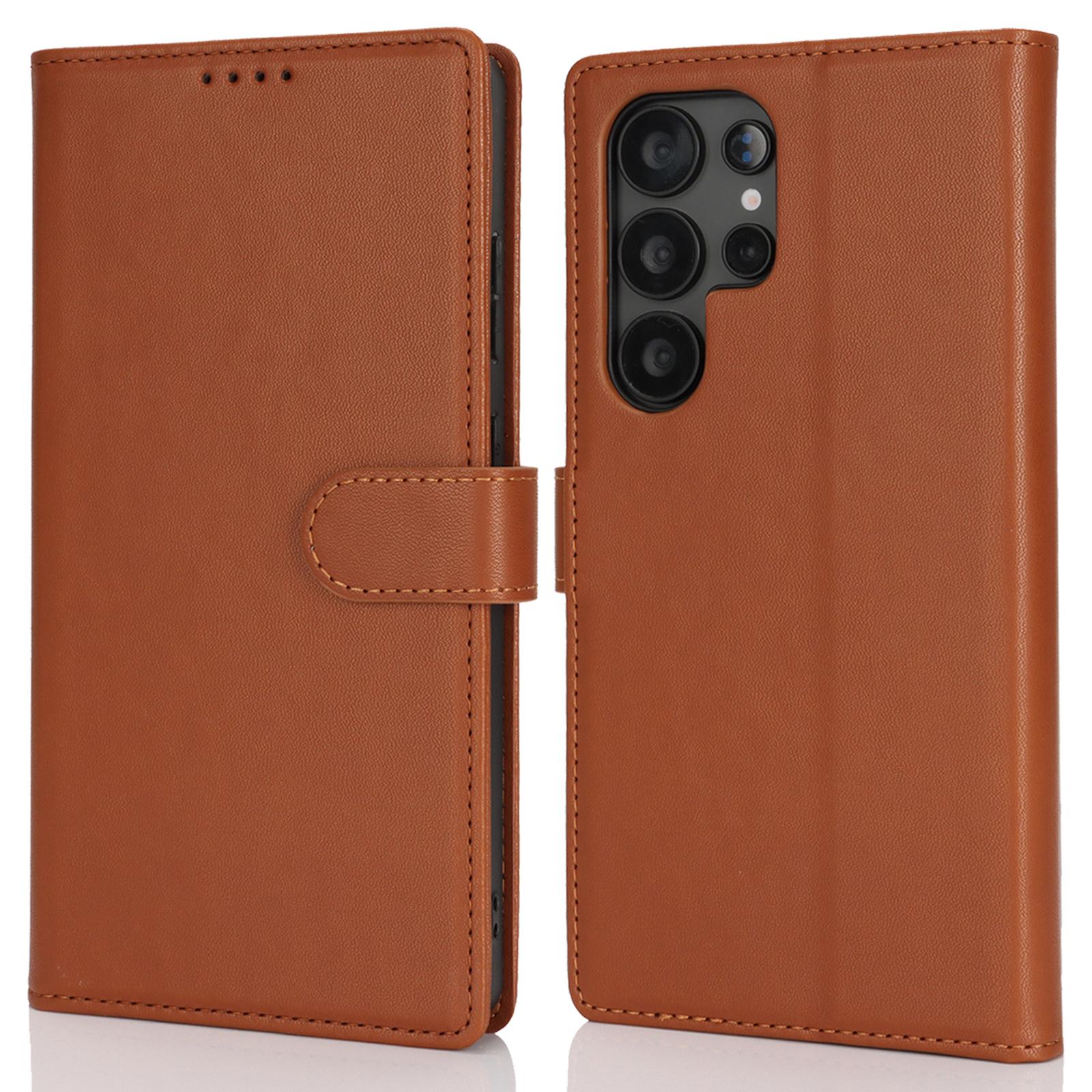 

Чехол-подставка для Samsung Galaxy S24 Ultra, противоударный кожаный чехол-кошелек для телефона Light Brown