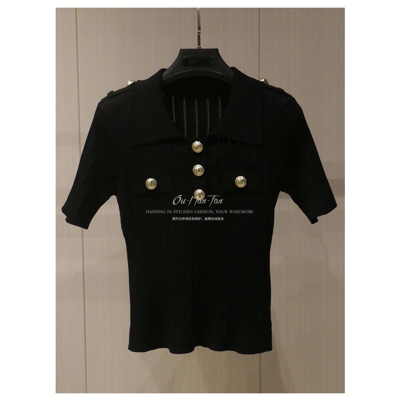 

Французский стиль Изящный воротник поло Тяжелая промышленность Металлическая пряжка Приталенный крой Стройнящий Универсальный Вязка из ледяного шелка Короткий рукав Топ Лето Black S