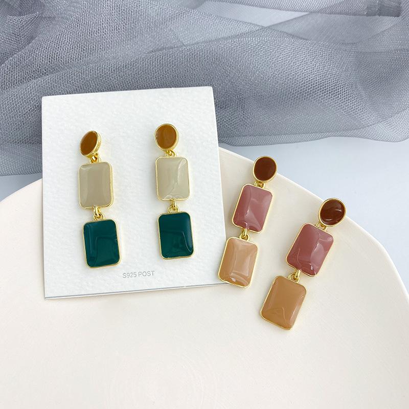 Contrasting Colors Square Dangle Earrings for Women Green Orange Enamel Oil Round Drop Earrings Party Sweet Jewelry Gift