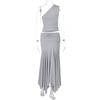 European and American women's solid color slanted shoulder sleeveless crop top, high waist pleated skirt two-piece set