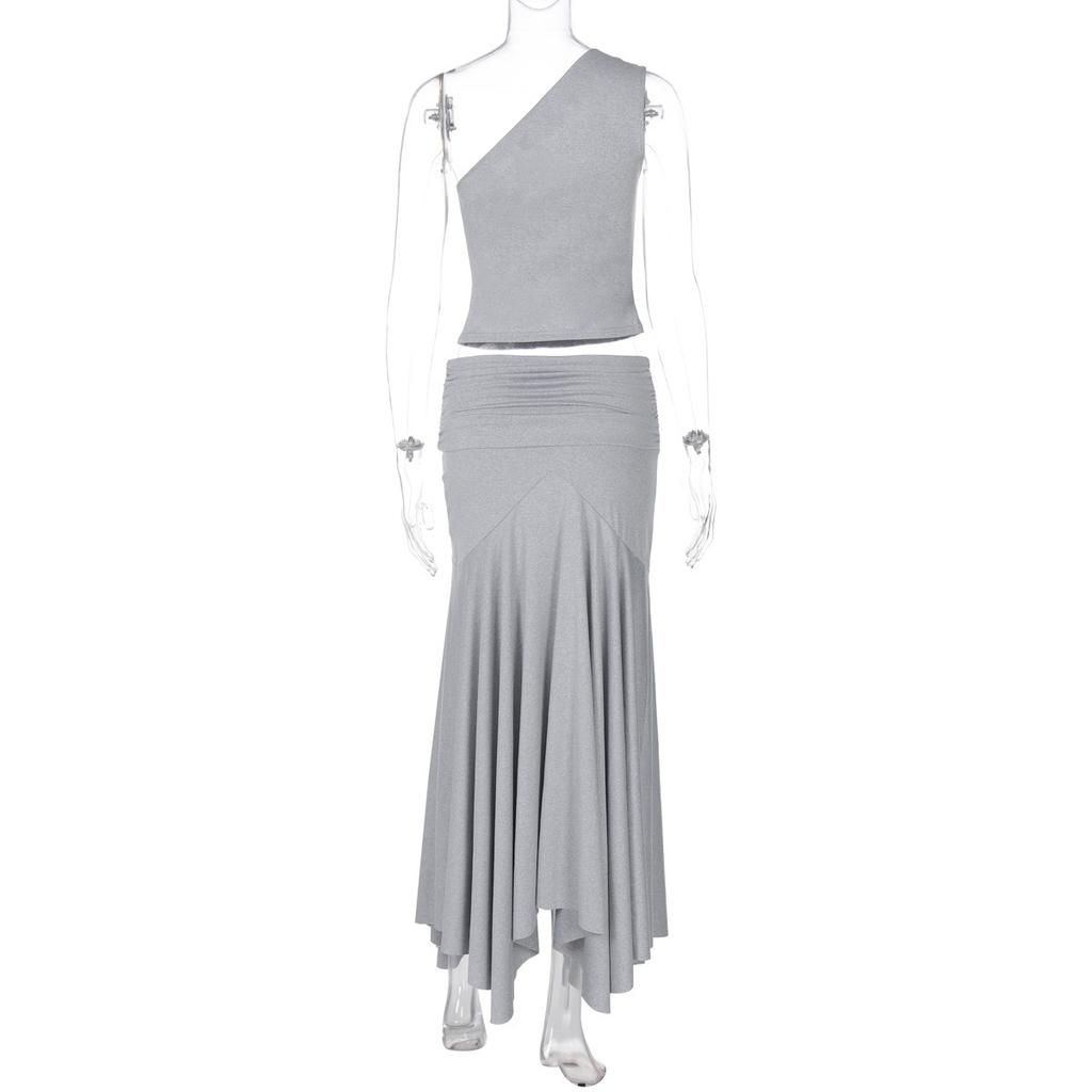 European and American women's solid color slanted shoulder sleeveless crop top, high waist pleated skirt two-piece set