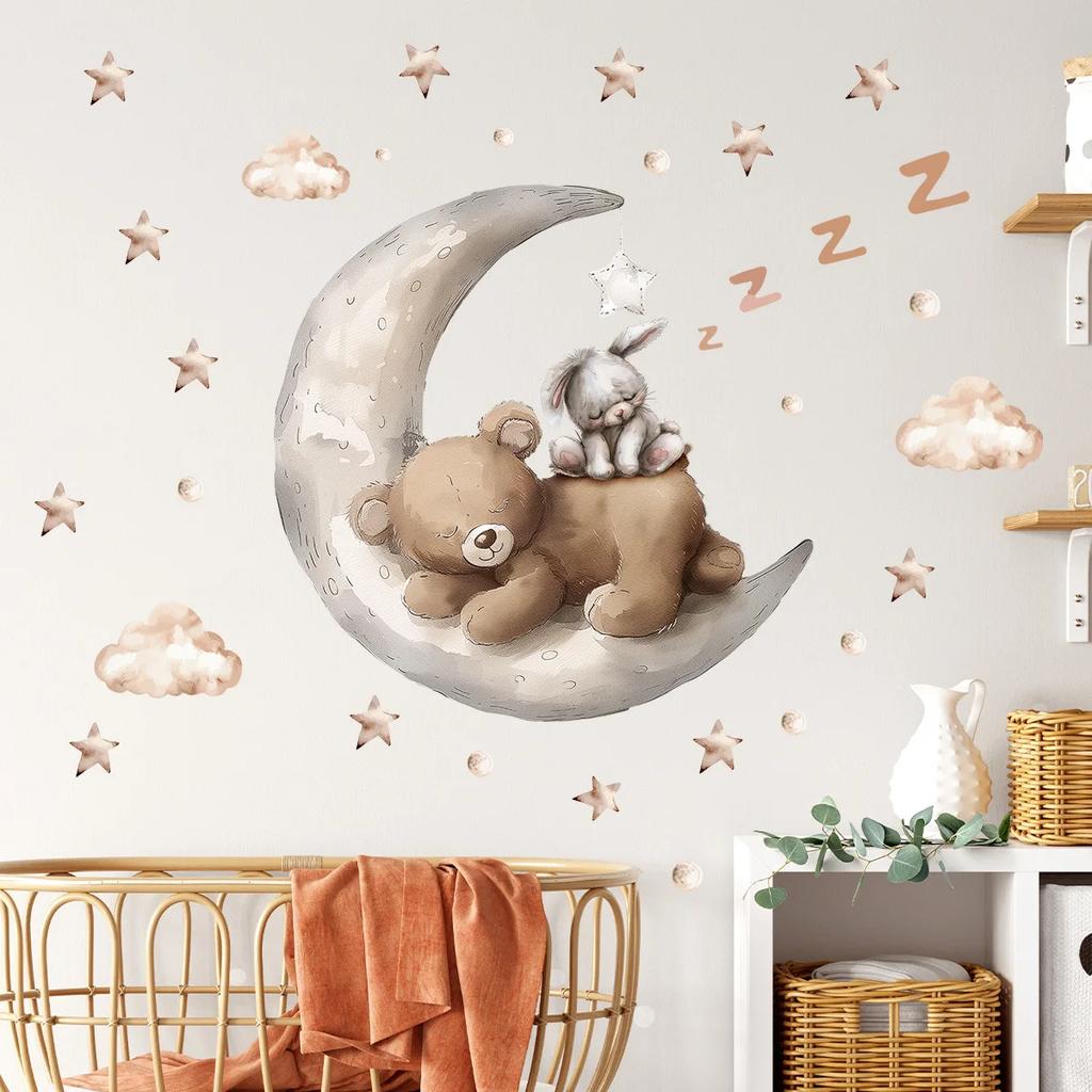 Moon Rabbit Bear Wall Stickers Cute Ins Style Cartoon Decals for Kids Room Nursery Kindergarten Decor Home Background Decal