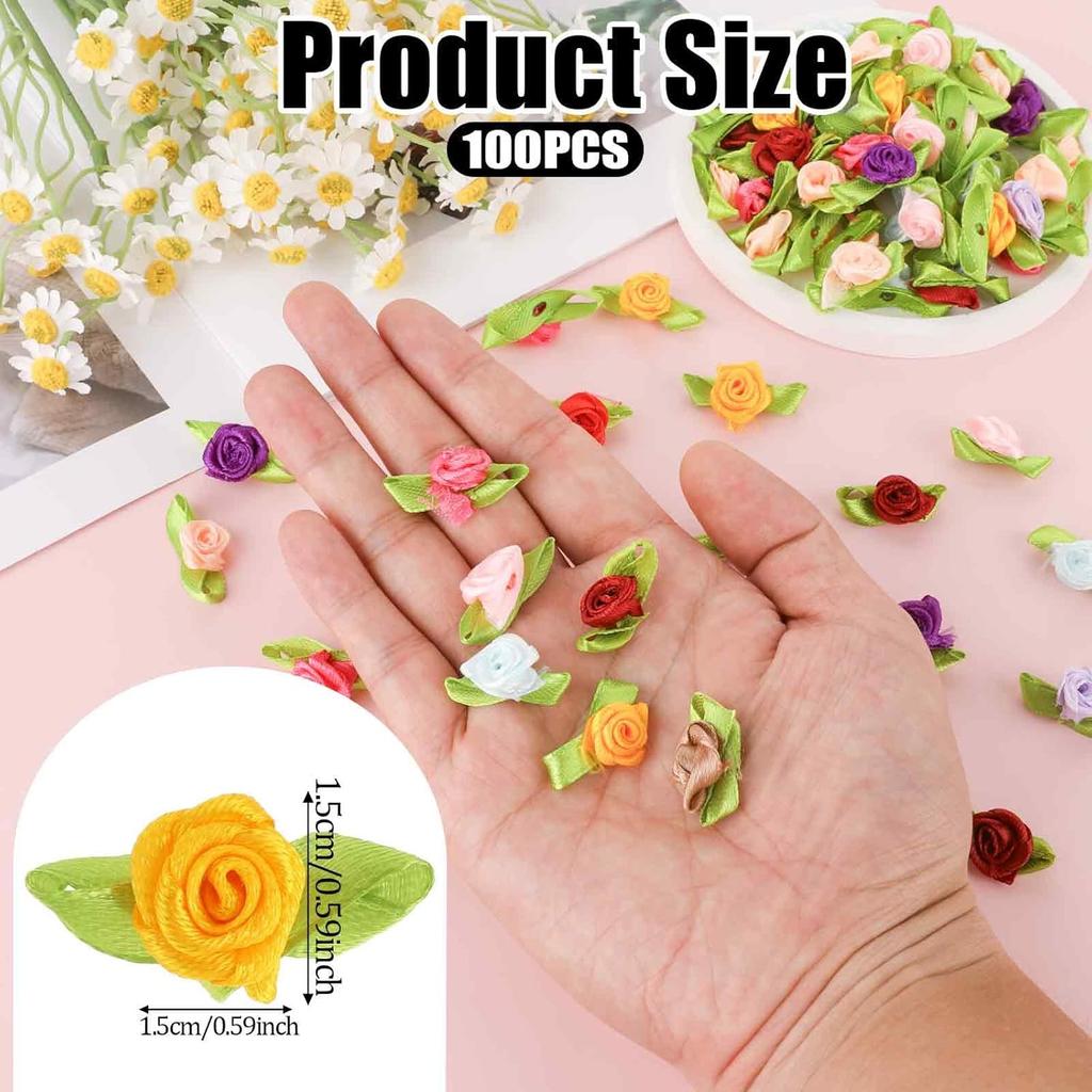 100 Pcs Mini Flowers for Crafts Multicolor Mini Roses Satin Roses with Green Leaves Small Satin Roses Tiny Artificial Fabric Flower Ornament Applique