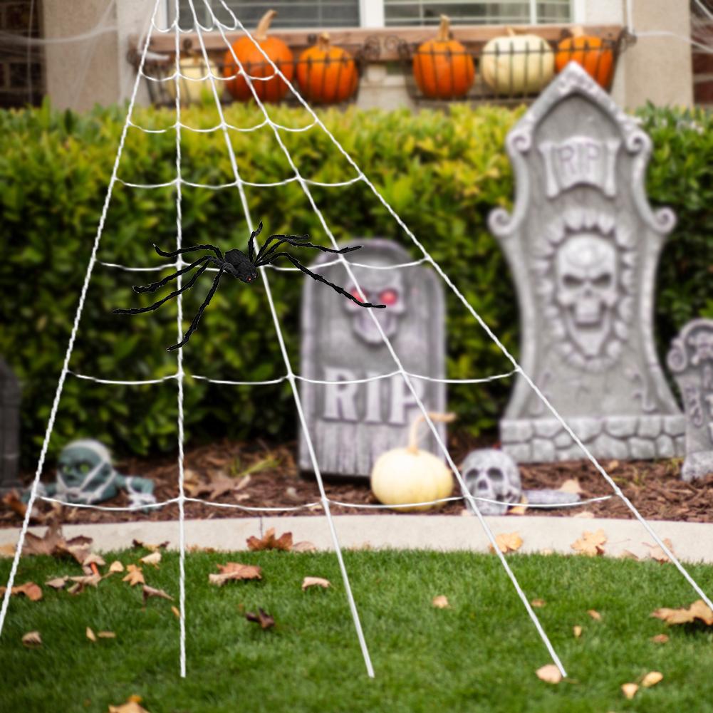 Halloween Triangular Spider Web with 8/6/5 Inch Spider Simulation Giant Spiderweb for Patio Garden Yard Haunted House Decor Prop
