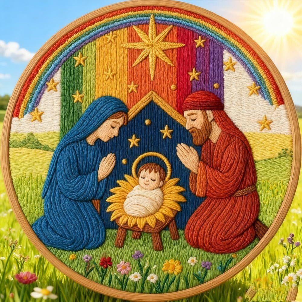 DIY Material Nativity Embroidery Set Pre-printed Pattern on Cloth with EN Instructions, Thread Christmas Embroidery Kit
