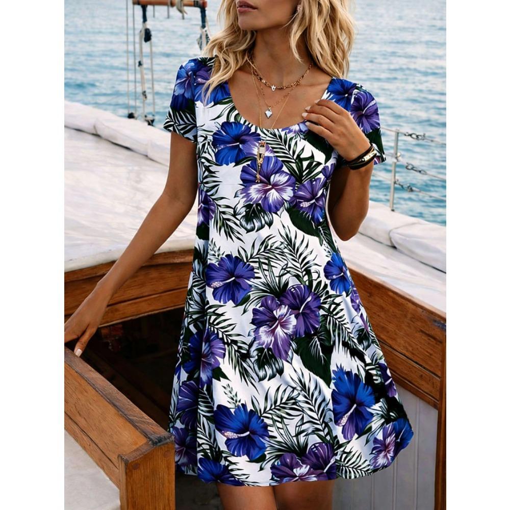 Vestidos Casuais Femininos de Verão e Primavera com Estampa Floral, Manga Curta e Gola Redonda