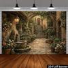 2D Mediterrane Gasse Wandteppich Steinischer Hof mit Brunnen, Treppe und Efeuranken Wandkunst