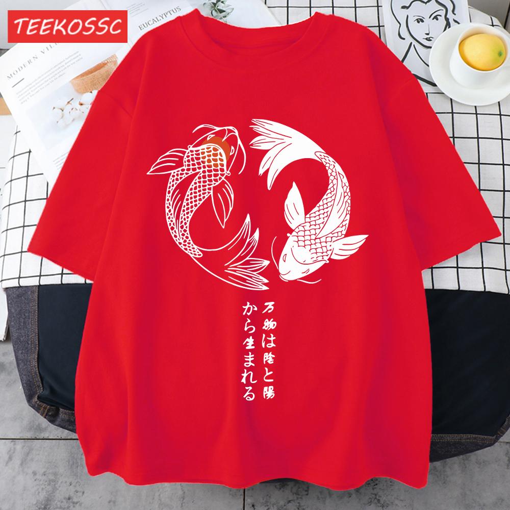 Two Koi Fish Swimming In Waterprint Men TShirts Cotton AllMatch T Shirt Comfortable Crewneck Tops Loose Unisex Summer Clothes