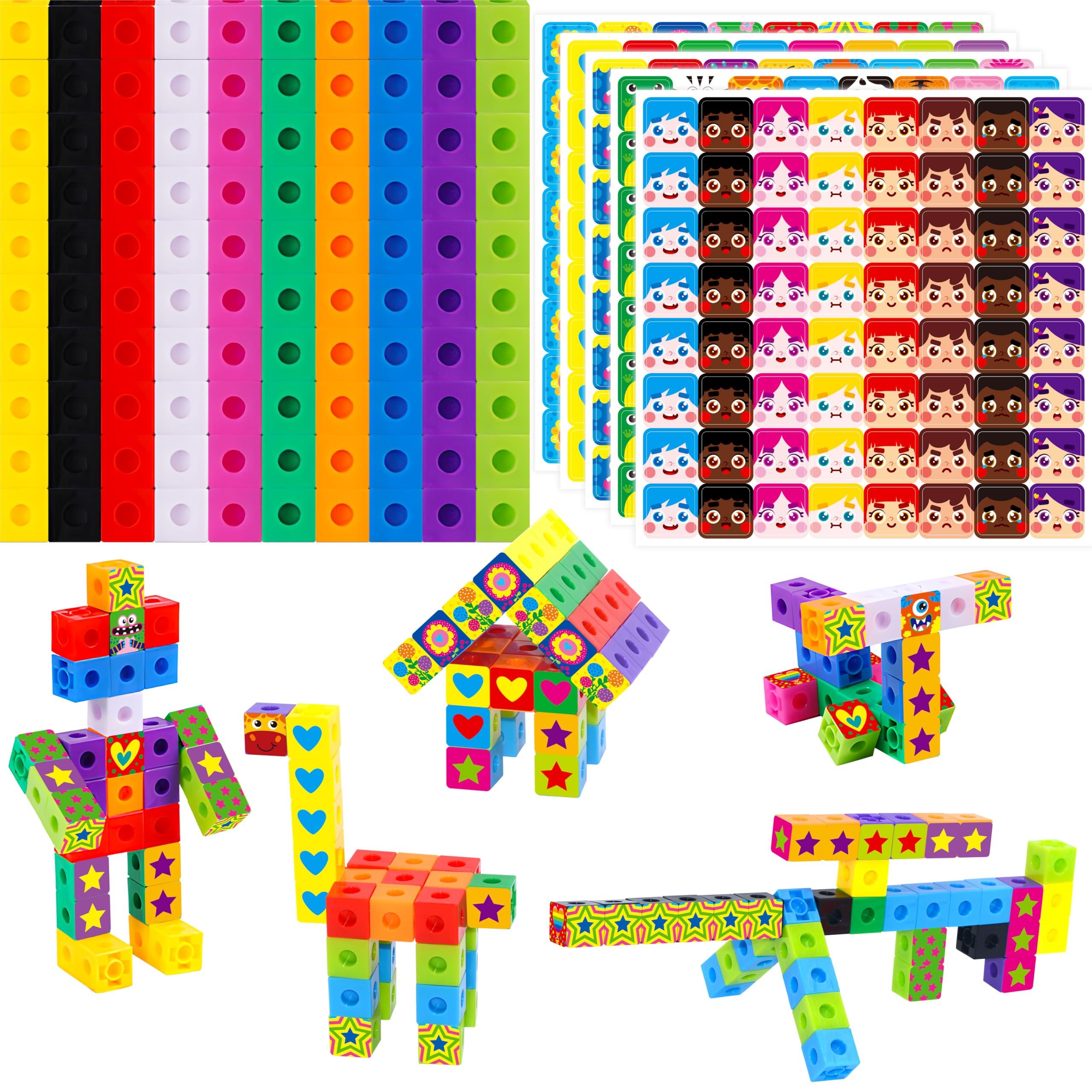 100 Math Linking Cubes, 320 Reusable Math Cubes with Stickers, Manipulative Geometric Shapes, Connect and Count Snap Blocks for Early Math and Constru