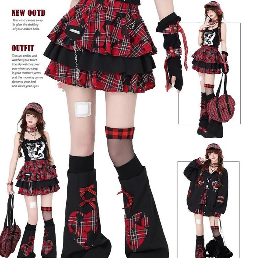 LAVASEON Checkered Mini Tiered Mori Chain Accessory Skirt, Punk, Ruffled, Length, Cute, Women's, Mass-Produced, Subculture, School-Style, Skirt, Red,