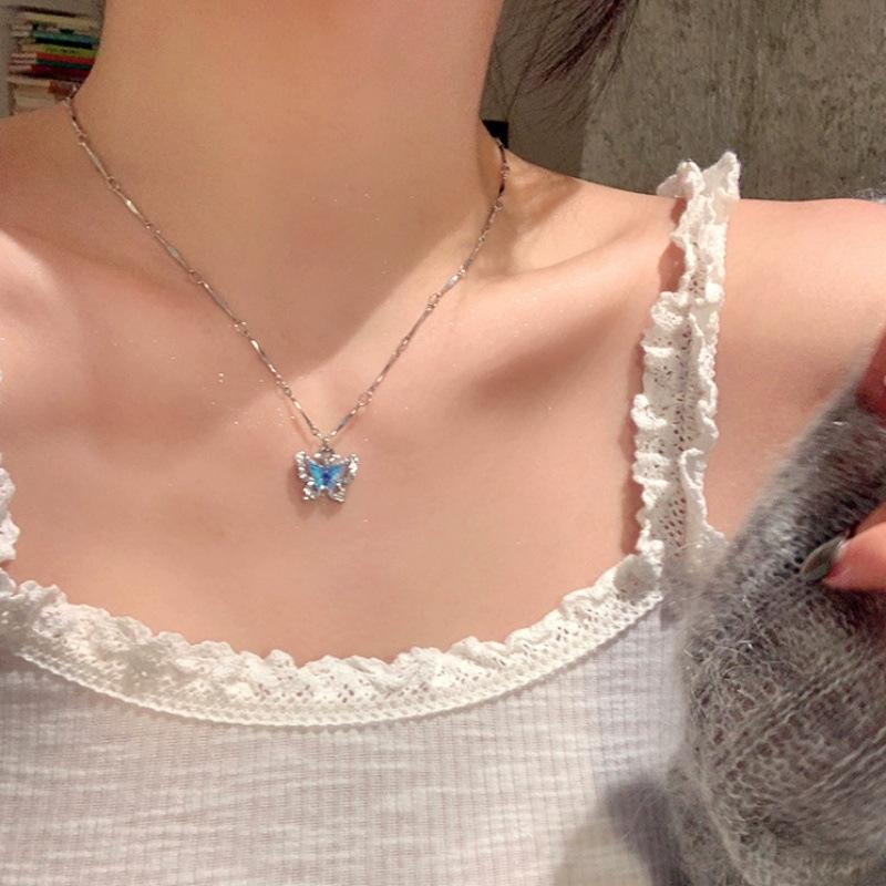 Blue Butterfly Tassel Necklace Female Is Sweet and Cool Spice Girl Tassel Design Stacked Collarbone Chain Niche Neck Chain Accessories