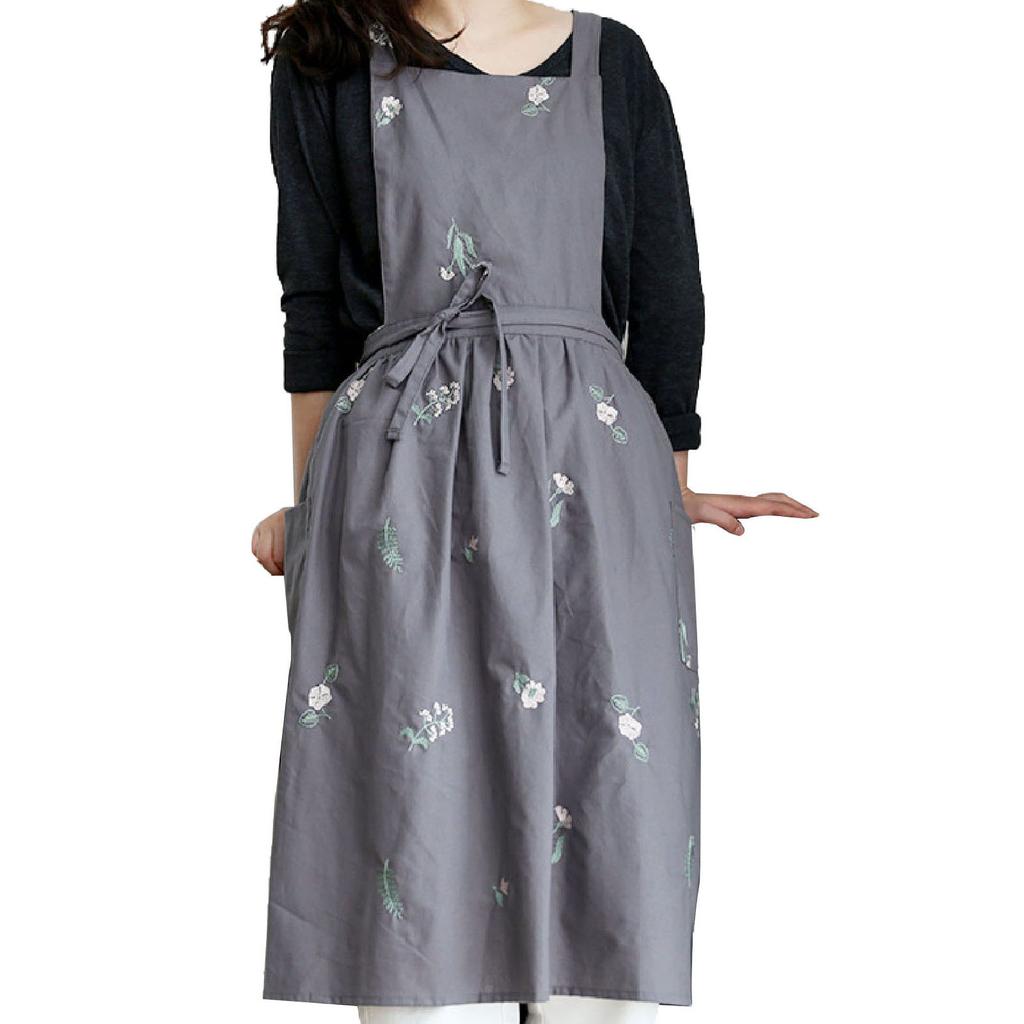 Cooking Apron Flower Embroidery Waterproof Wear Resistant Baking Apron for Coffee Shop Home
