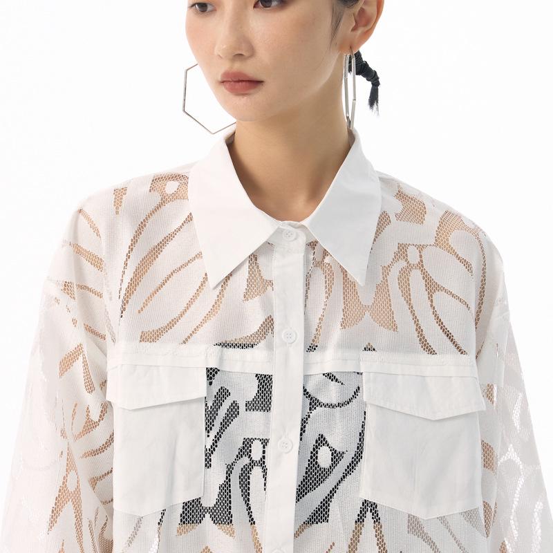 2025 Retro Jacquard Lace Lightweight Luxury Shirt - Spring/Autumn Loose, Versatile See-Through Top
