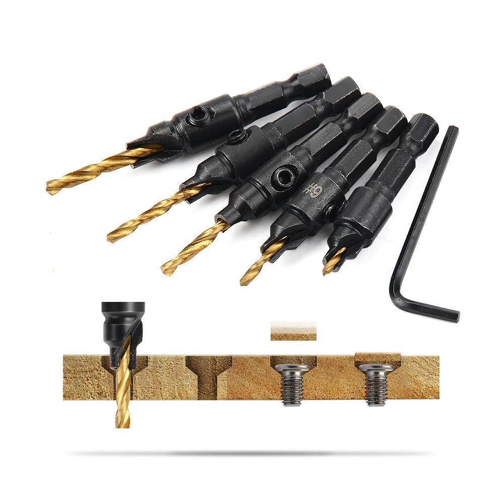 5Pcs Countersink Drill Bit Set Hex Shank HSS Woodworking Pilot Screw Holes Set