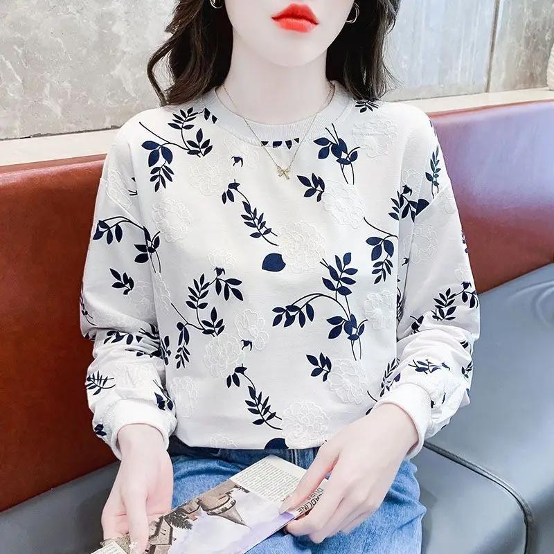 Sweatshirt New Thin Loose Long Sleeve T-Shirt Stylish Print Top Spring Autumn Round Collar Women's Cotton