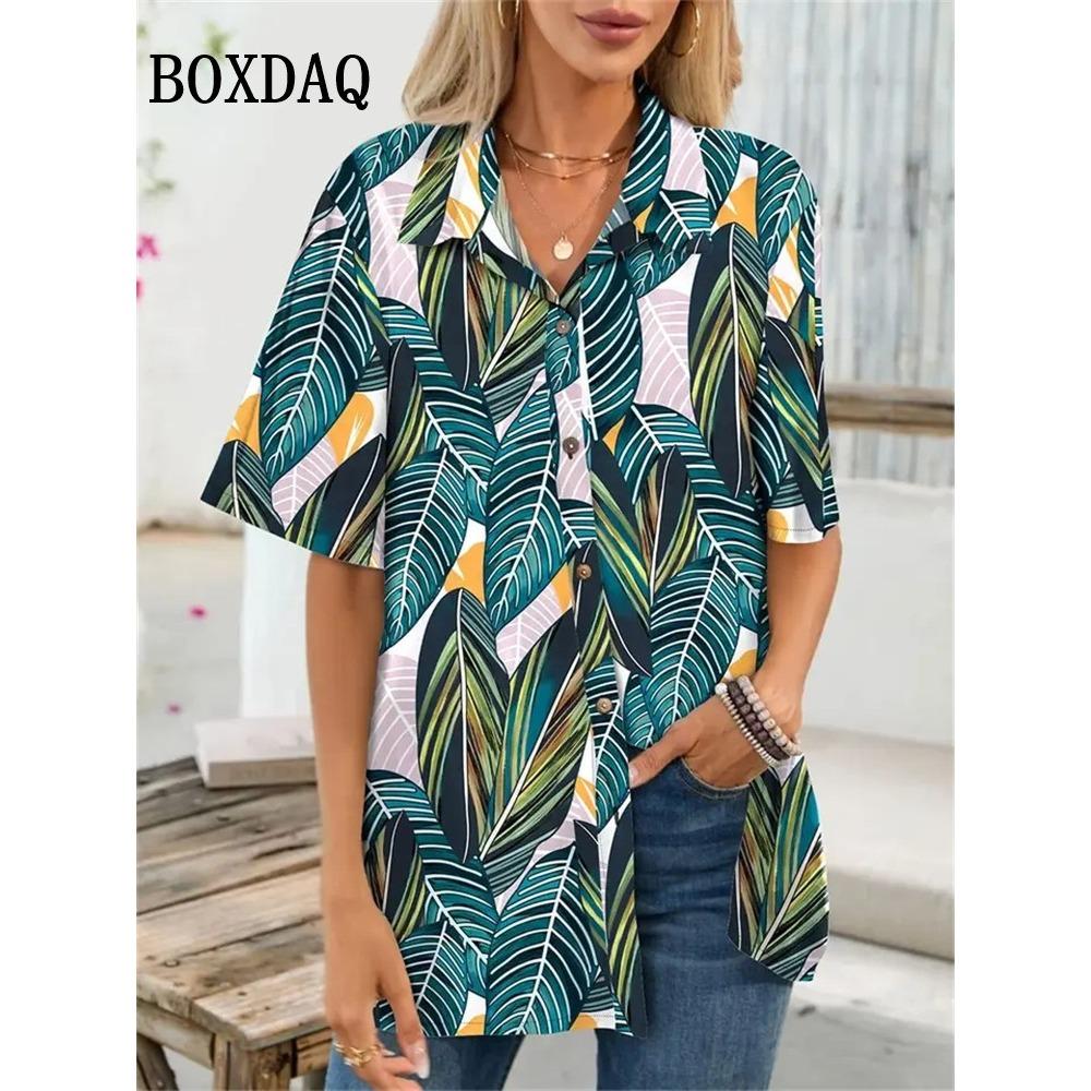 Women's Blouse Short Sleeve Printed Shirts Summer Beach Hawaiian Holidays Lapel Button Casual Fashion Cardigan Blouse Tops