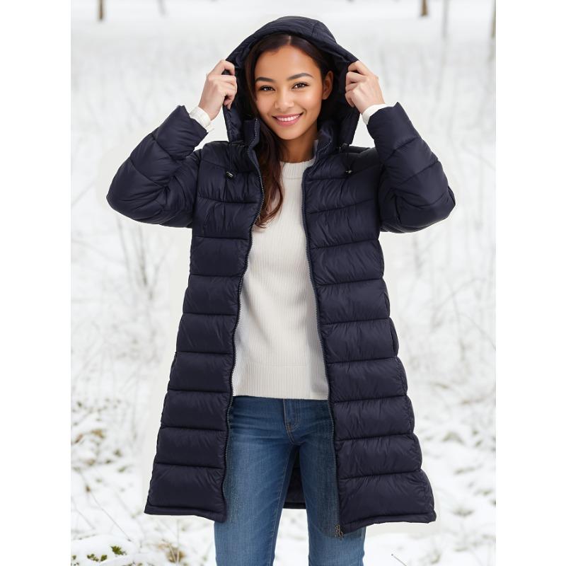 Women Autumn Winter Hooded Padded Warm Solid Color Medium Long Cotton Coat