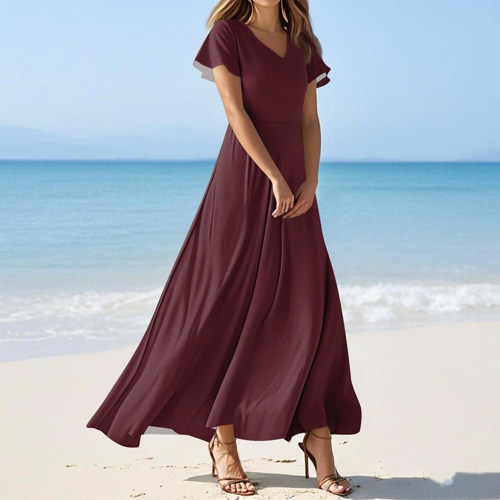 Women's Summer Casual Fashion Solid Color Dresses V-Neck Short Sleeve Dresses