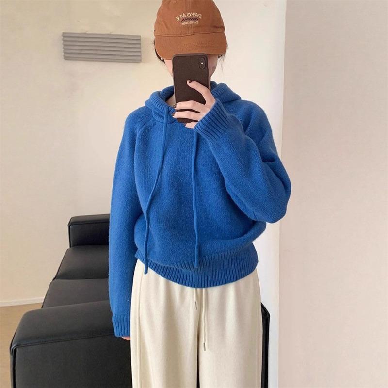 Design sense niche hooded knitted sweater top women's autumn and winter new small wear loose pullover sweater