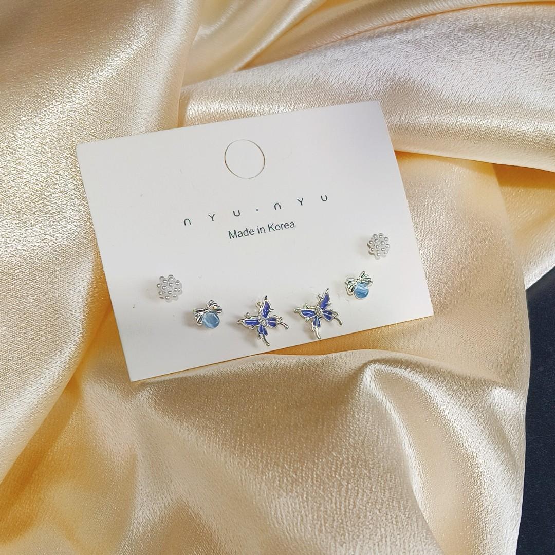 

Six-Piece Set! Smart High-End Niche Design Sense Versatile Small Stud Earrings Women S Starry Sky Blue Butterfly Earrings Earrings