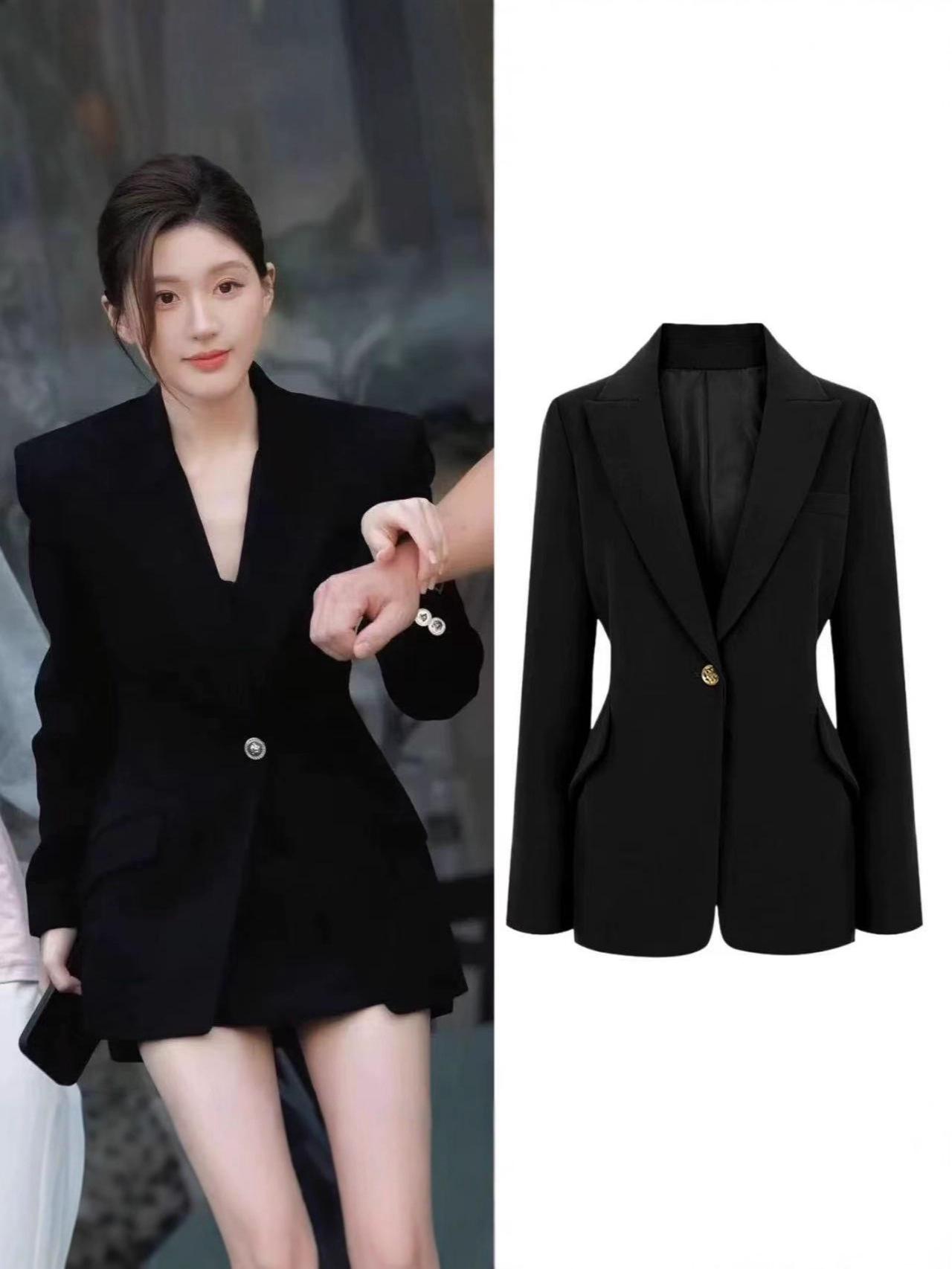 Сияй, как Чжао Лусы: Черный приталенный женский блейзер с одной пуговицей для стройности L