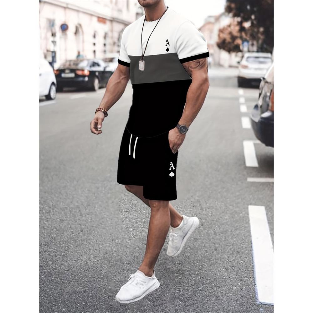 New Men's Short-Sleeve Athletic Shorts Set Crew Neck T-Shirt With Drawstring Shorts Stylish Streetwear Two-Piece Set