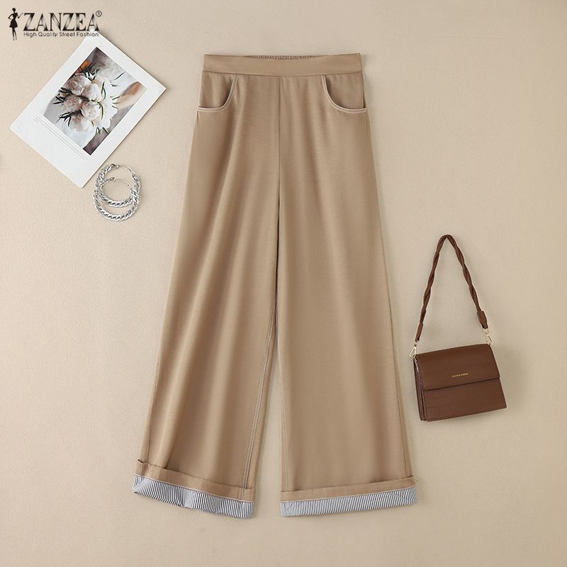 ZANZEA Damskie luźne spodnie z szerokimi nogawkami w jednolitym kolorze