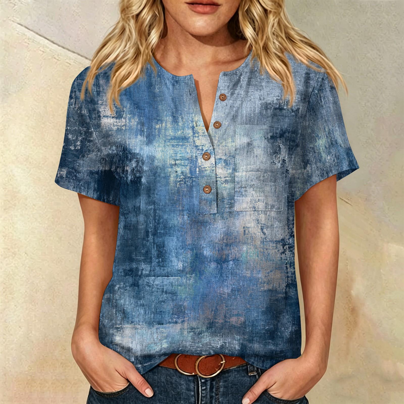 

Women’s Short Sleeve Cotton Linen Shirt with Fashion Print Henley Button Neck and Chest Pocket Loose Fit Casual Top XXL синій
