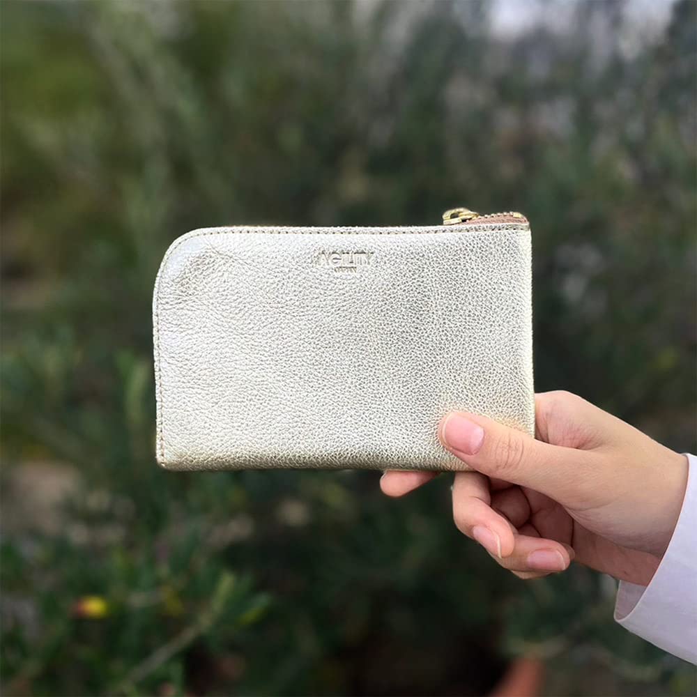 AGILITY affa "Smart Wallet" Smartphone Wallet with L-shaped Zipper, Cowhide Leather, Smartphone Fits, Gold and Silver