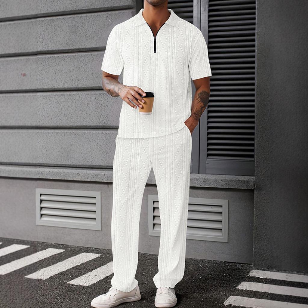 Men's Solid Color Textured Short Sleeved Trousers Suit Casual Sports Short Sleeved Trousers Suit