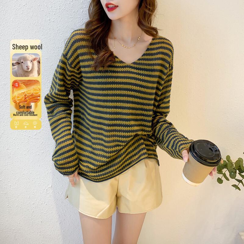 

ITISF4 Women s Relaxed Wave Pattern V-Neck Knit Sweater One Size