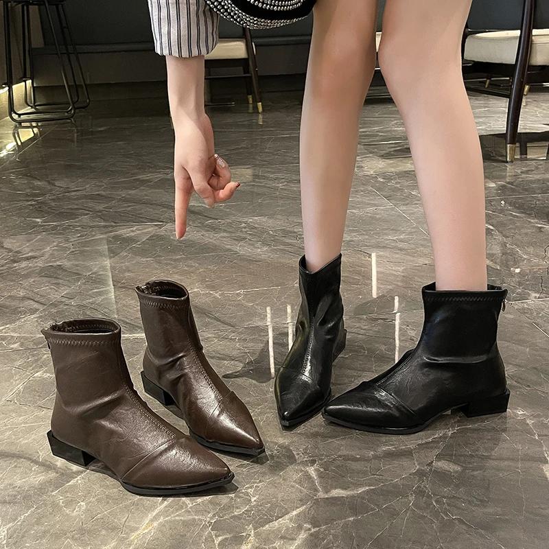 2025Autumn New Fashion Women Ankle Boots Shoes Fashion Pointed Toe  Square Low Heels Casual Winter  Footwear