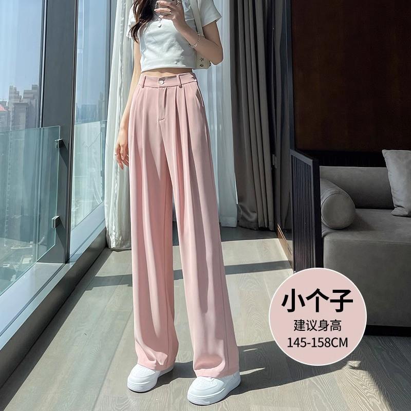 Womens White Ice Silk Wide Leg Pants High Waist Loose Fit Casual Trousers Petite Regular