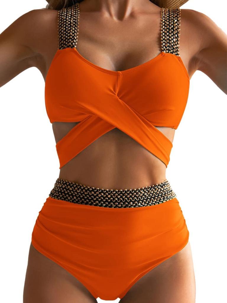 Women’s Front Cross Bikini Swimsuit, Sexy Tight-Fit Two-Piece Swimwear, Backless Tankini Bathing Suit